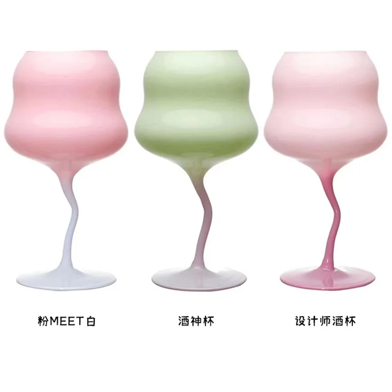 INS Luxury S Quite Red Wine Cups Lead-free Glass Crooked Wine Cup Color Creative Goblet Cherry Blossom Powder Wine Set images - 6