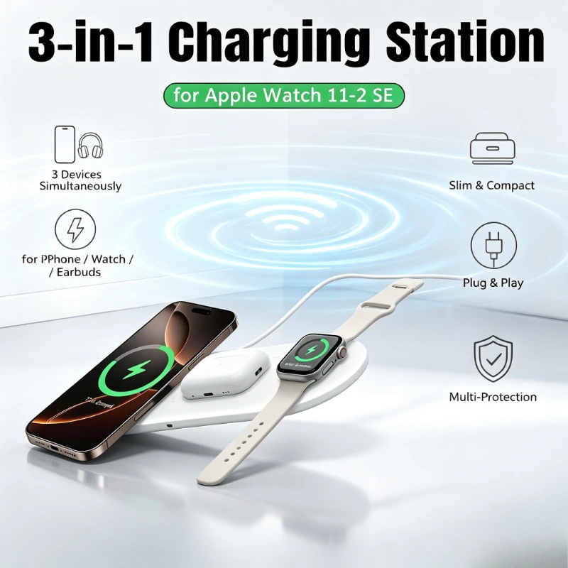 Фото Беспроводная зарядная станция 3-в-1 для iPhone, Apple Watch, AirPods Pro: быстрая зарядка для дома, офиса, путешествий и использования у кровати №2