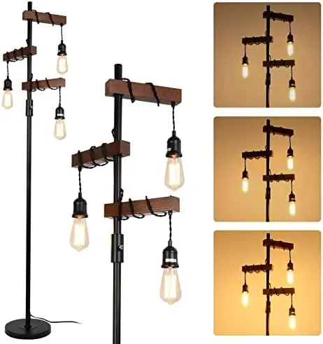 

Industrial Floor Lamp, Farmhouse Tree Floor Lamp, 68 Inch 3 Lights Wood Standing Lamp, Sturdy Base Tall Vintage Pole Light, Meta