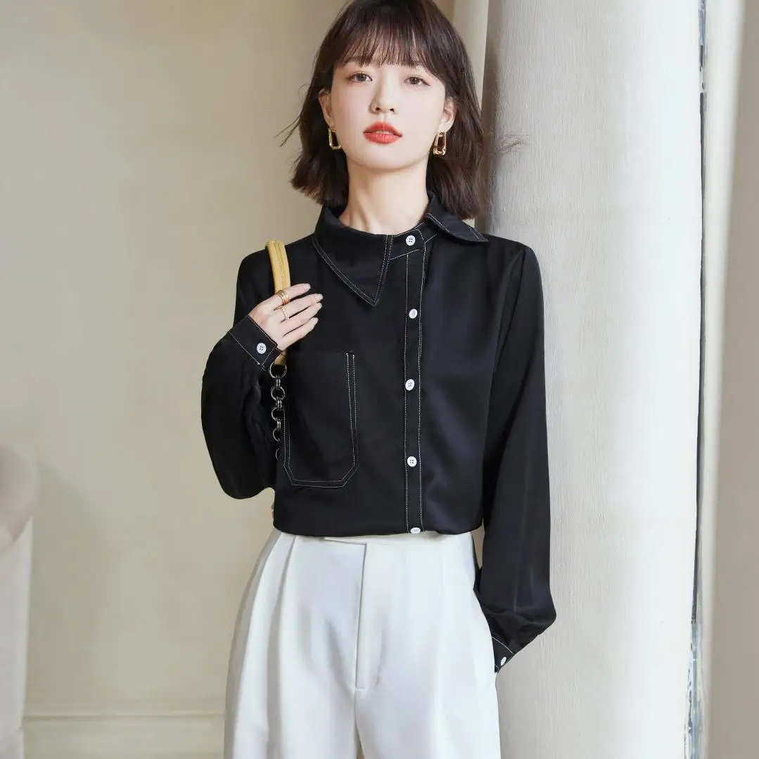 

Simgent Black Blouse 2022 Women Spring Long Sleeve Pocket Chiffon Shirts Ladies Tops Clothing Blusas Woman Clothing SG2281
