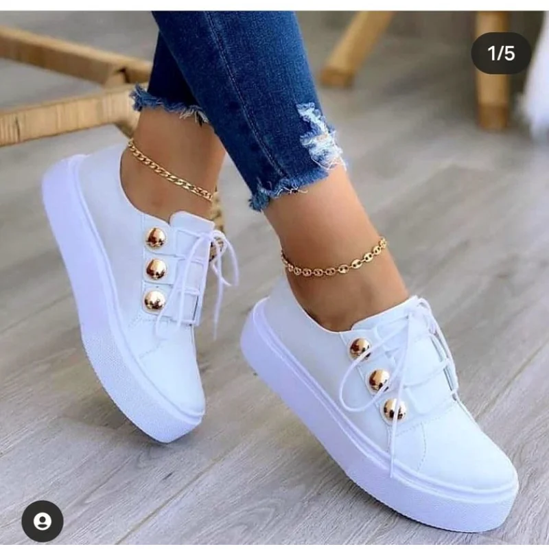 

2023 Fashion Round Toe Platform Breathable Comfort White Shoes New Casual Rivet Lace Up Women Flat Loafers zapatos de mujer