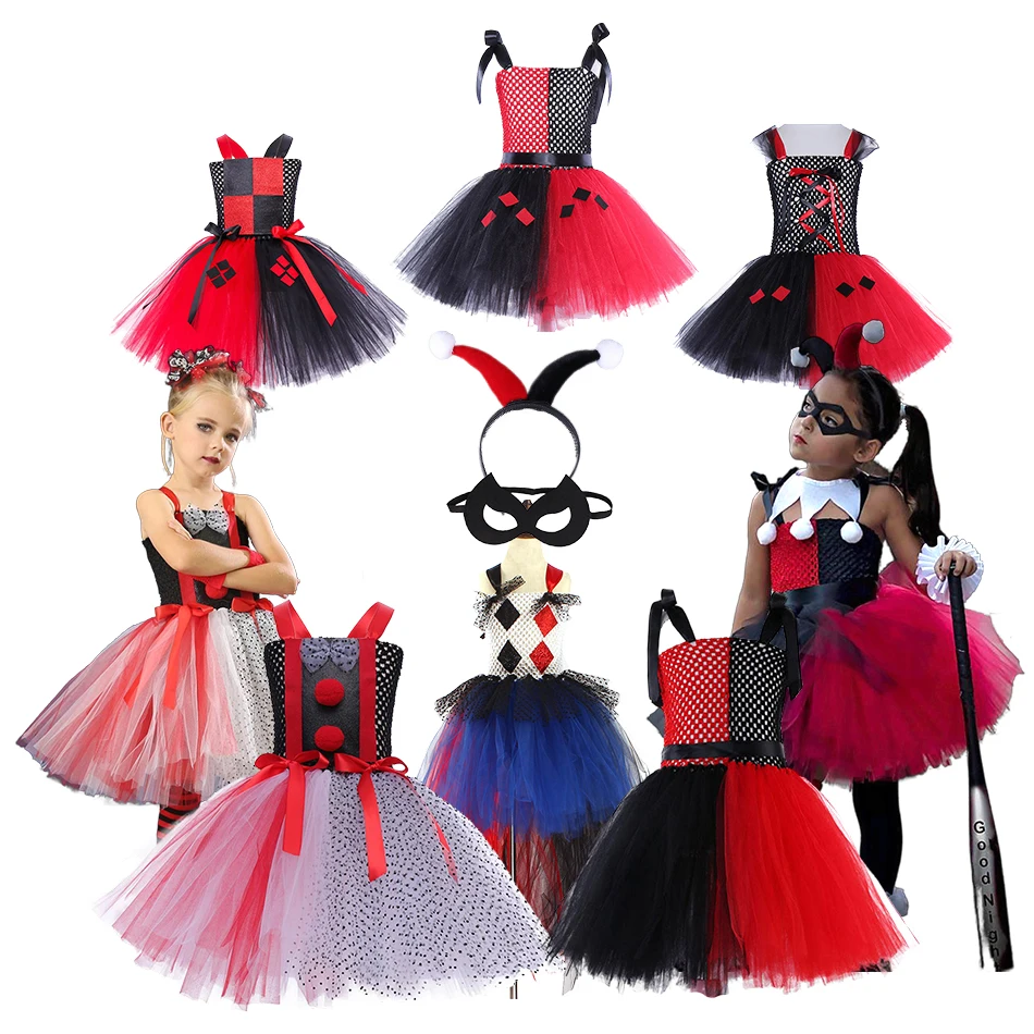 

Girls Clown Joker Costume Kids Cruella De Vil Halloween Villain Fantasy Cosplay Dot Fancy Dress Birthday Children Tutu Dress