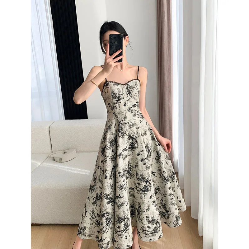 

Fashion Temperament New Floral Sling Dresselegant Party Dresses for Women 2023 Summer Waist Thin Jacquard Long Skirt Female