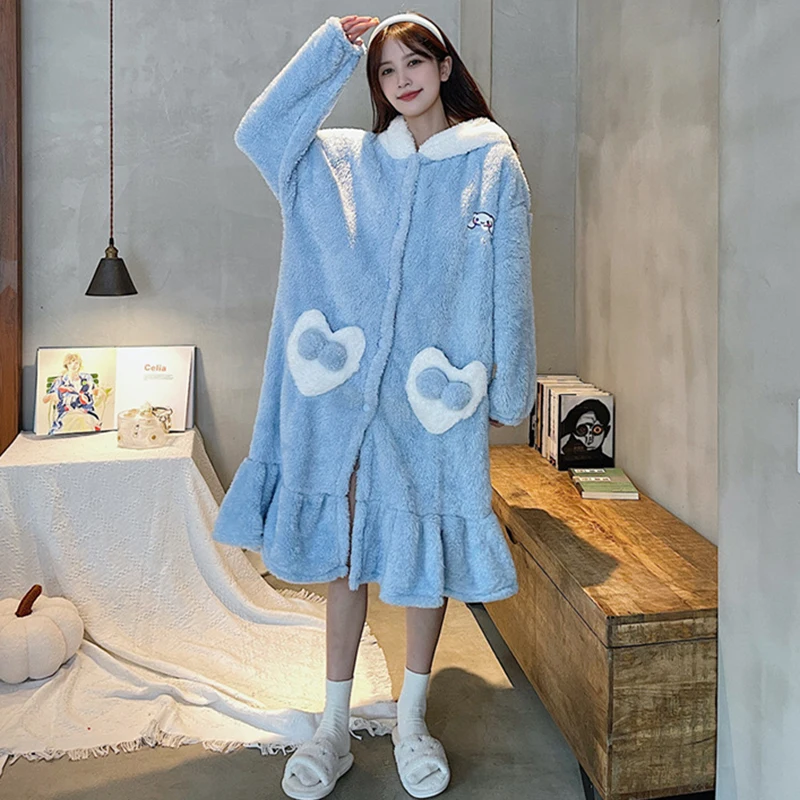 Women Girls Pijama Sets Coral Fleece Nightgown Winter Suits Robe Set Thicken Warm Bathrobe Hooded Home Clothes Kawaii Pajama Set