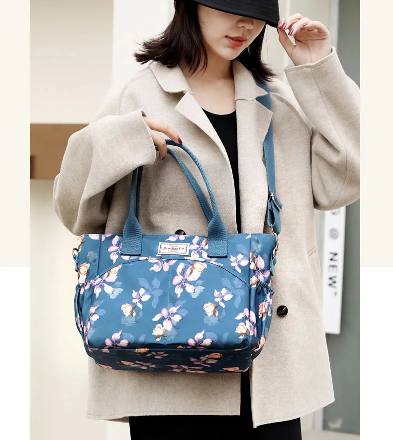 

Women's Floral Pastoral Shoulder Bag Large Capacity Nylon HandBags Waterproof Casual Top-handle Ladies Travel Totebag Mother bag