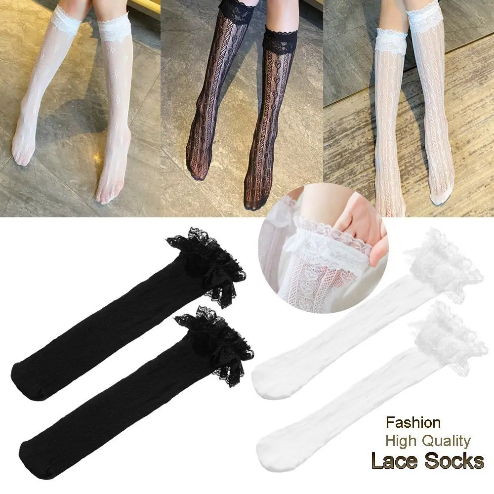 

Maid Lolita Socks Knee High Cosplay Costumes Accessories Love Flower Pattern Nylon Lace Bow Socks Anime Cartoon Girl Gift