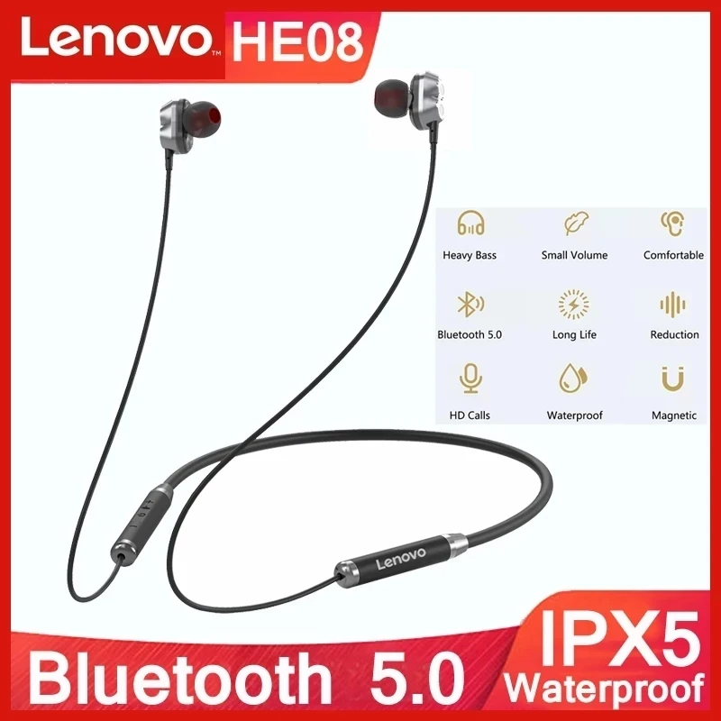 Lenovo HE08 Bluetooth Earphone Dual Dynamic HIFI Stereo Neckband Wireless Headphones With Microphone 4 Speakers Sports Headset