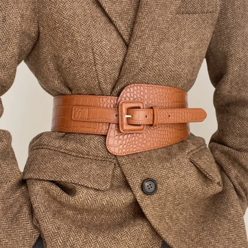 Cinturón de piel sintética con patrón de cocodrilo para mujer, cinturón ancho, abrigo, corsé, diseñador de lujo, 2022