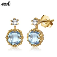 Effie Queen Real 14K 18K 10K Gold Stud Earrings Woman Natural Topaz Earring Solid Yellow Gold Trend Fine Jewelry Gift Girl GE07