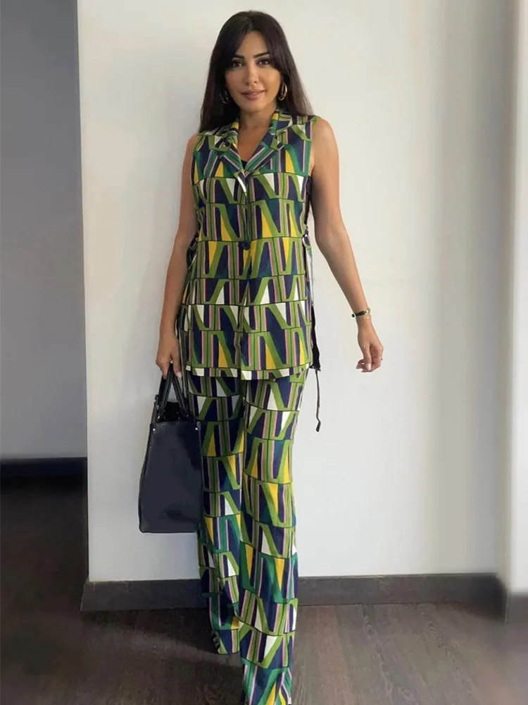 

Fashion Women Green Plaid Tank Blazer Jacket 2022 New Summer High Waist Loose Straight Trousers Streetwear
