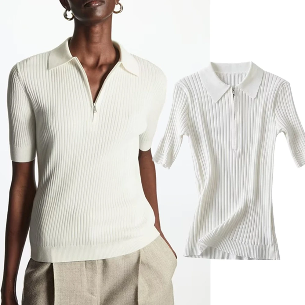 

Elmsk 2023 Summer British Fashion Office Ladies Polo Collar Zipper Ribbed T-shirt Slim Tops Women