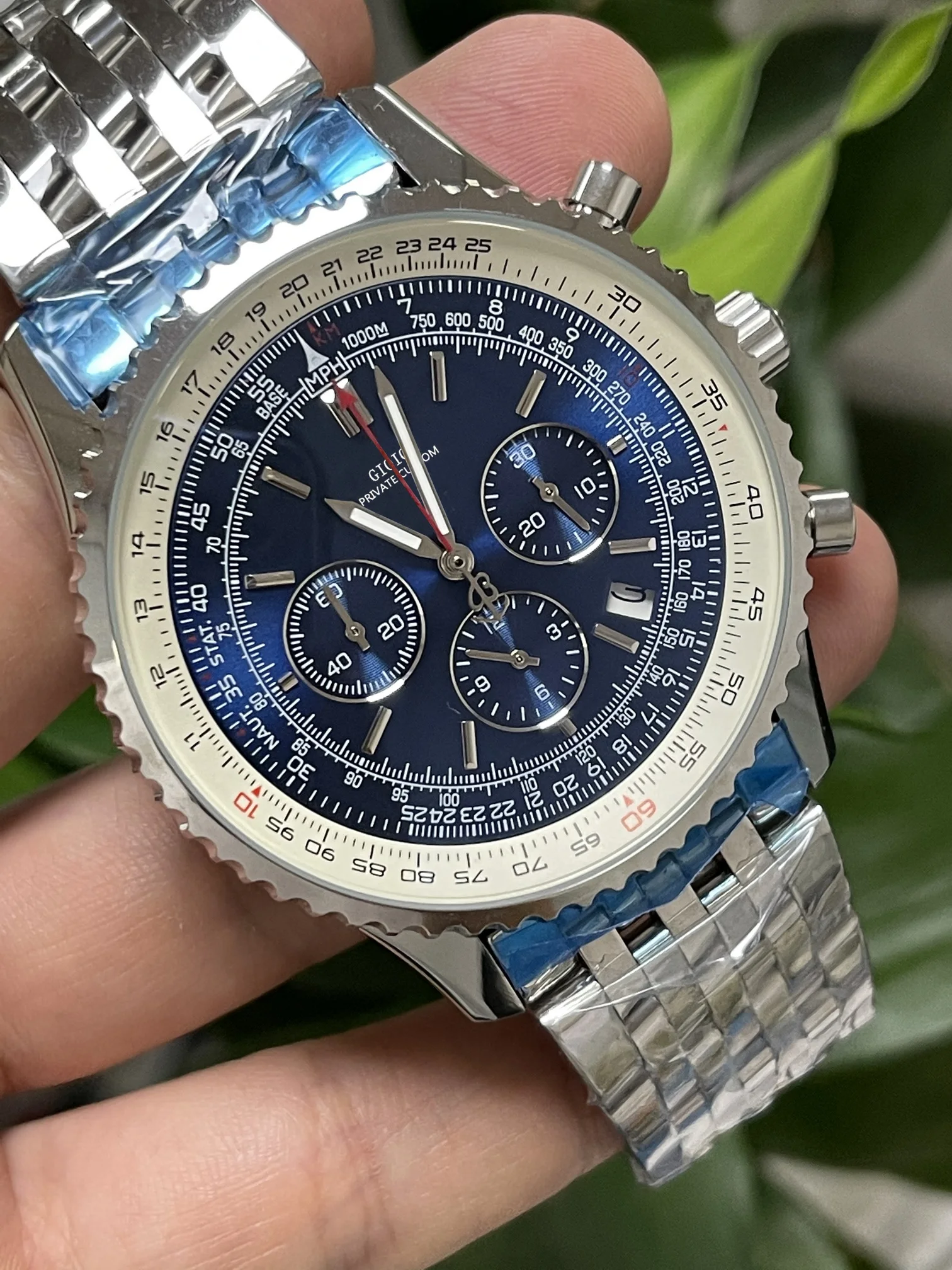 

Luxury Mens Quartz Chronograph Watch Black Blue Leather Stainless Steel Luminous Sapphire