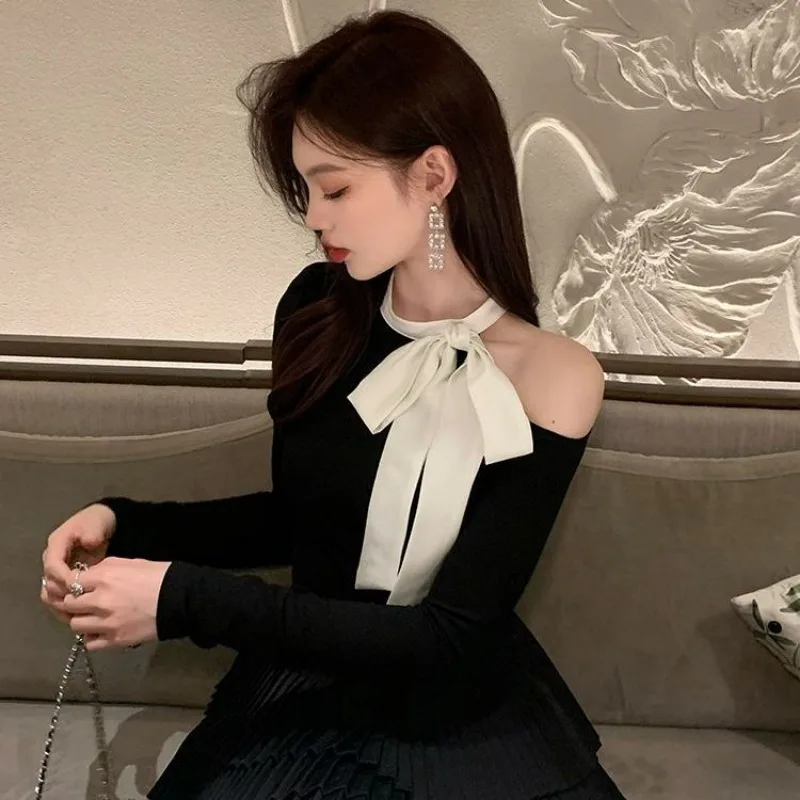 Модный тонкий однотонный трикотаж с бантом женский весенне-осенний сексуальный