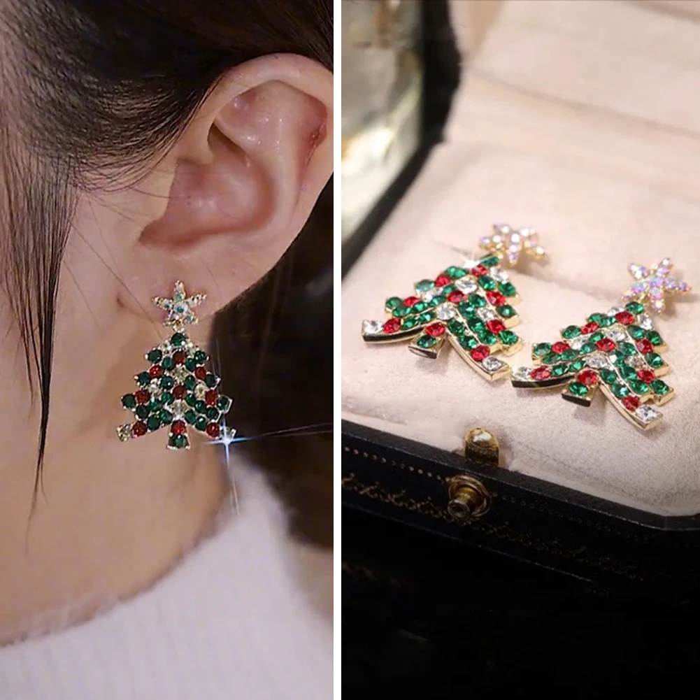 

2023 New Luxury Sparkling Zircon Star Christmas Tree Earrings for Women Crystal Pearl Stud Earring New Year Party Jewelry Xmas