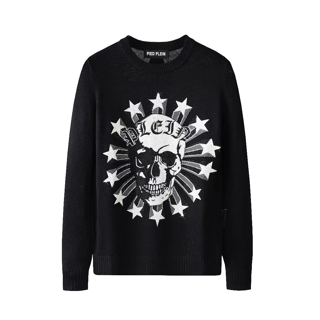 

2023 MENS PULLOVER LS Skull Print With PLEIN SWEATER Black Men's Rhinestone Tops Comfortable Hip Hop Knitted Sweater