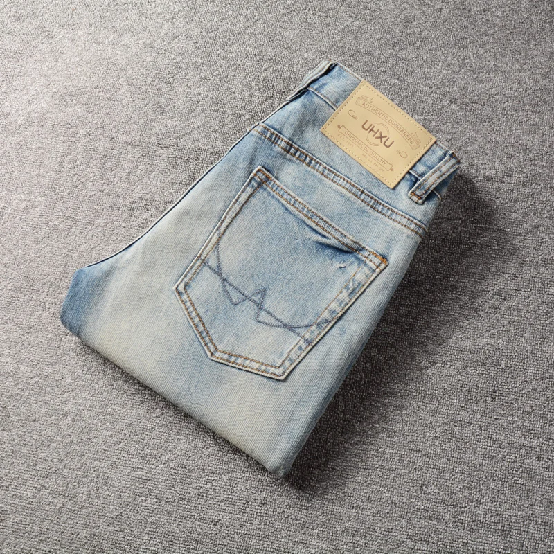 Streetwear Fashion Men Jeans High Quality Retro Light Blue Stretch Slim Fit Ripped Jeans Men Vintage Designer Denim Pants Hombre