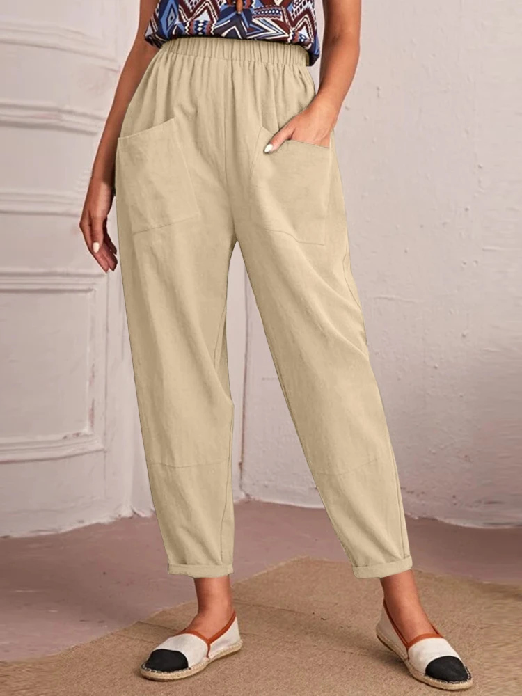 

New Women's Elastic Waist Cotton Linen Diagonal Pocket Capris Relaxed Sports Pants Cargo Pants Women Oversize Streetwear Women