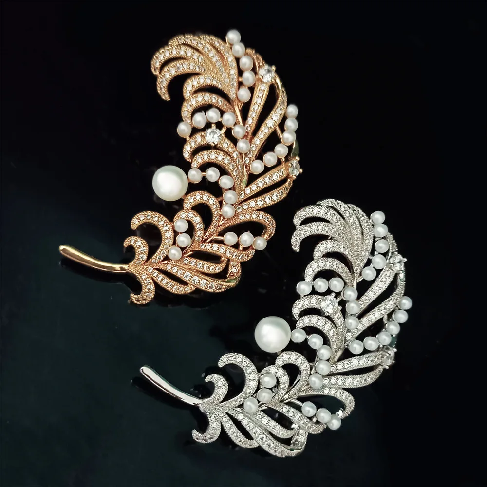 OKILY Heavy Duty Handmade Freshwater Pearl Feather Brooch Exquisite Zircon Feather Leaves Unisex Suit Pin Jewellery Ornament