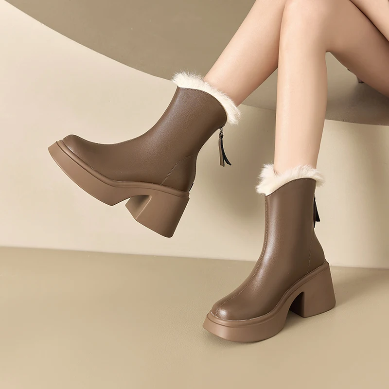 

Genuine Leather Chelsea Ankle Boots Woman Winter 2023 Casual Chunky Platform Shoes Ladies High Heels Fur Plush Snow Booties Zip