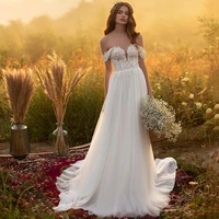 charming off shoulder boho wedding dresses lace a line tulle garden bridal gown appliqued outdoor bride dress vestido de novia