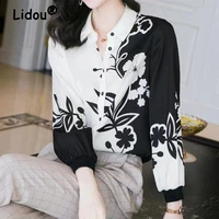 black and white contrast floral print shirt spring summer korean style blouse professional elegant shirt for female casual shirt