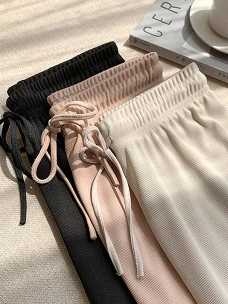 2023 Summer Soft Comfort Women Pants High Waist Casual Slacks Woman Ice Silk Wide Leg Pants Ankle-Length Long Trousers Female