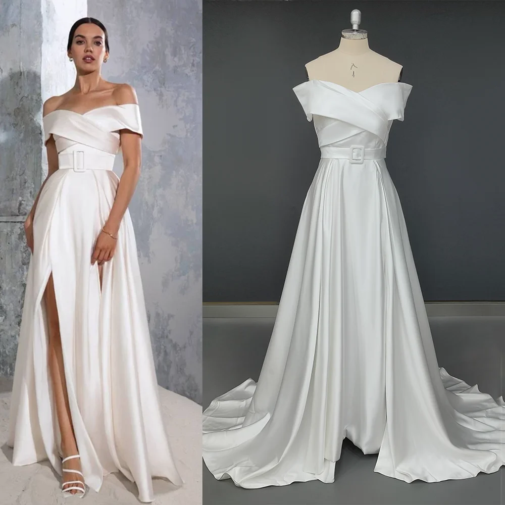 

Real Photos Off Shoulder Satin Wedding Dress Simple Long Plain A Line Custom Made Plus Size High Split Belt Ivory Bridal Gowns