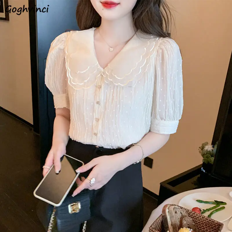 

Peter Pan Collar Lace Shirts Women Summer Mujer Short Sleeve Preppy Females Prevalent Temperament Girlish Korean Sweet Lovely