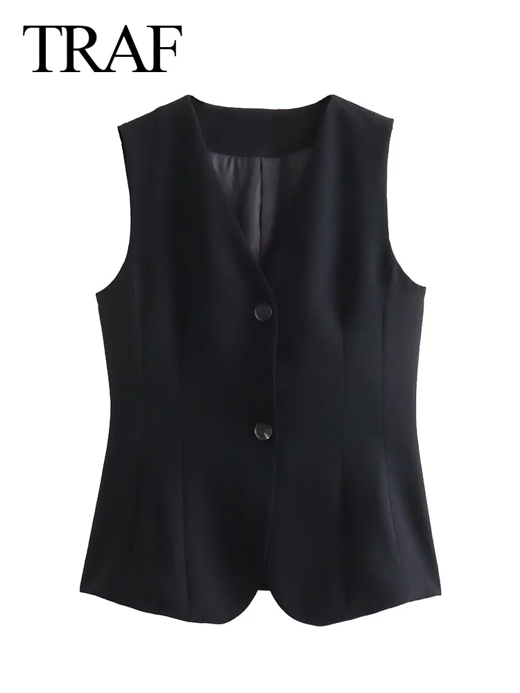

TRAF Fashion Women's Elegant Chic Short Style Slim Vest Female Vintage Solid Color Casual Sleeveless Single-Breasted V Neck Tops