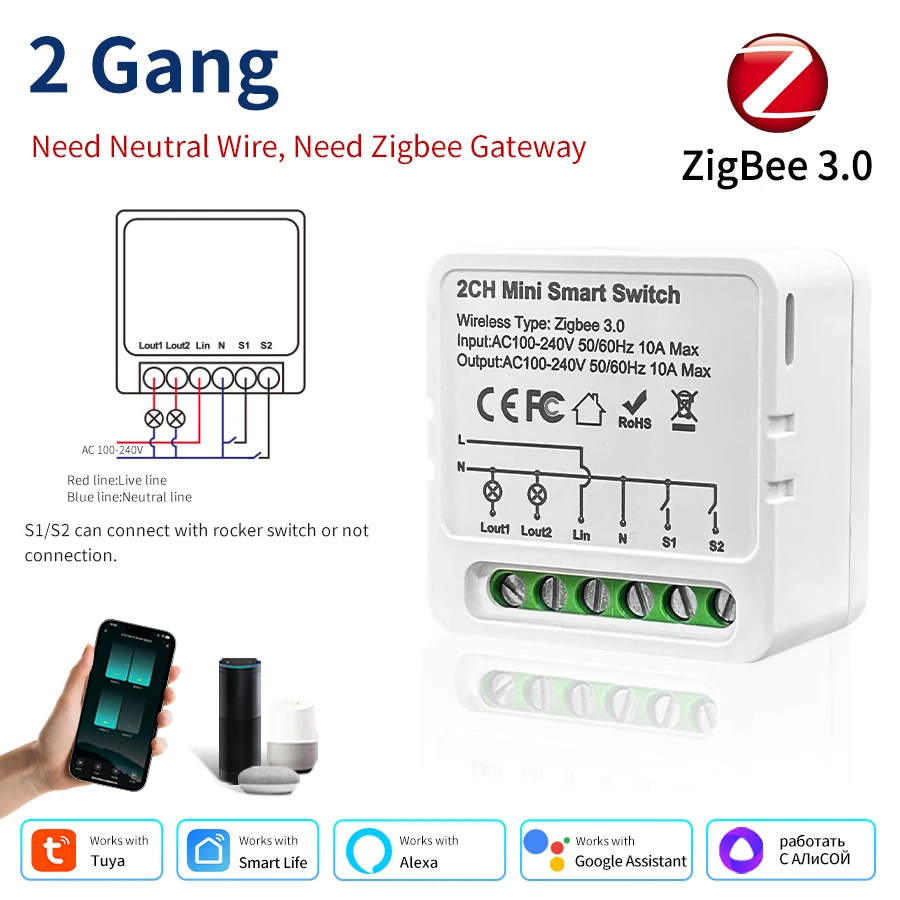 

ZigBee 3.0 умный выключатель Tuya 100-240В 1/2/3 каналов
