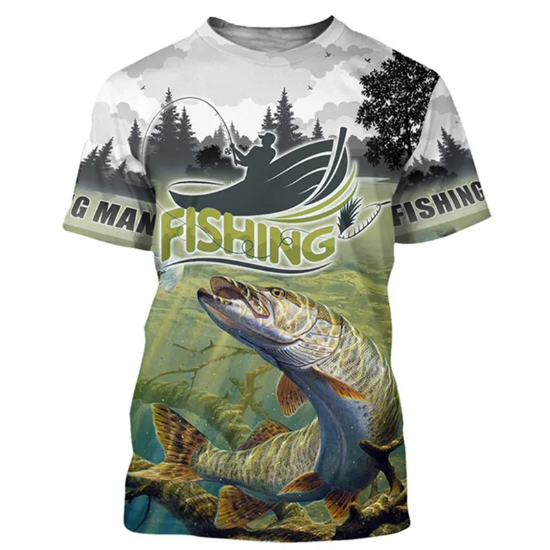 

New Casual Men's Summer Fishing Pattern T-shirt Short Sleeve 3D Print Street Hip Hop T-shirt Letter Fashion Fish Top T-shirt
