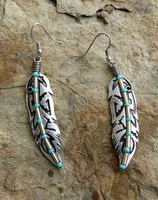 ethnic carved feathers earrings vintage metal two tone inlaid blue green stone hook dangle earrings for women jewelry