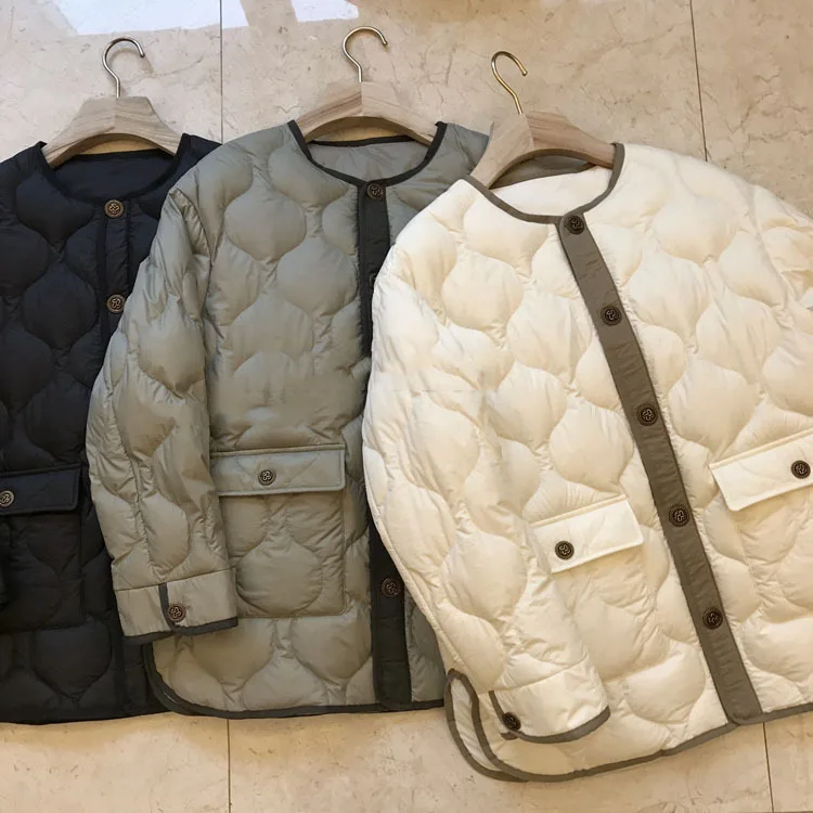 Loose profile sense large pocket patchwork color embossed round collar cotton jacket female coats for women