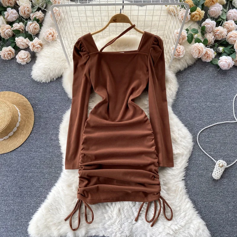 

Autumn and Winter Korean Version of Pure Desire Wind Square Neck Bubble Sleeve Drawstring Lanyard Sexy Bottoming Dress