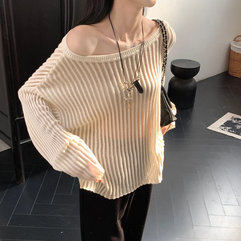 Новый однотонный слегка прозрачный женский топ тонкий вязаный свитер с длинными