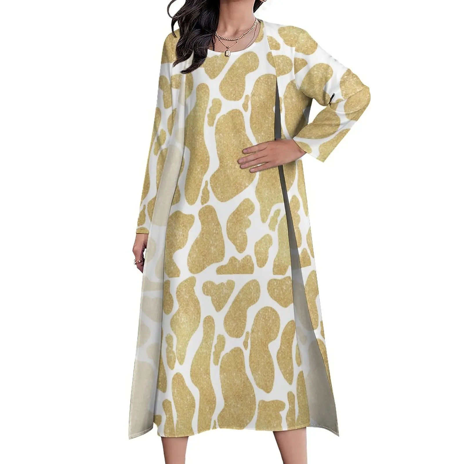 Gold White Cow Print Dress Glitter Cow Spots Night Club Maxi Dress Street Fashion Bohemia Long Dresses Two Piece Design Clothing