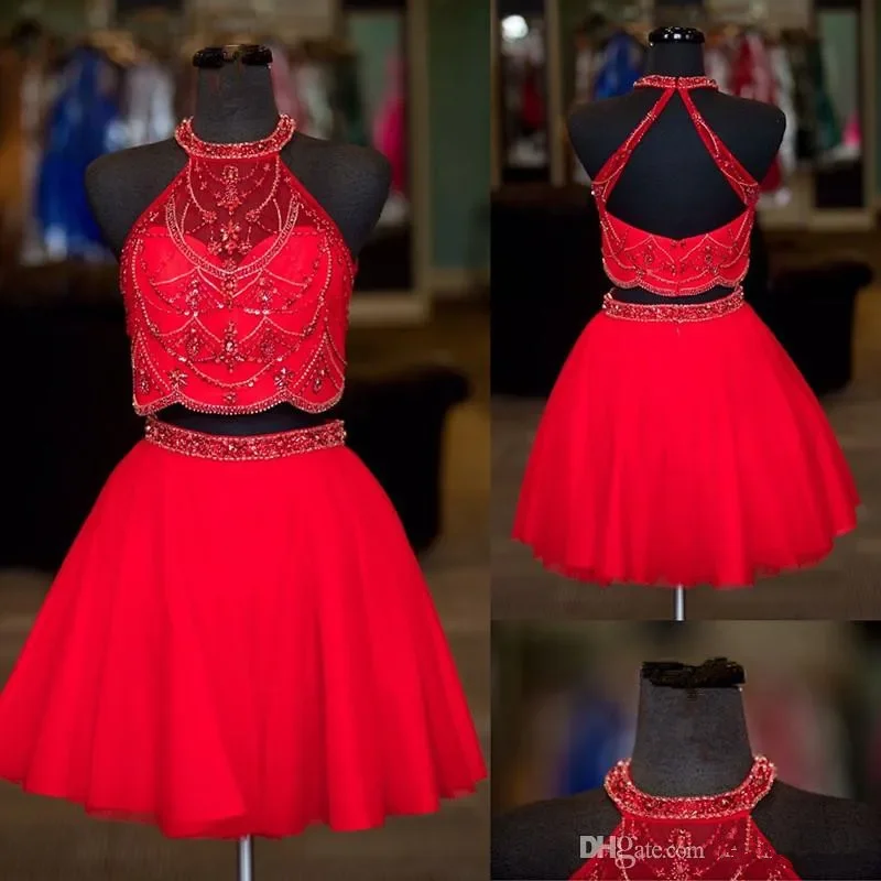 

Two Pieces Red Beading Tulle Backless Homecoming Dresses A-Line Above Knee Length Cocktail Party Dresse