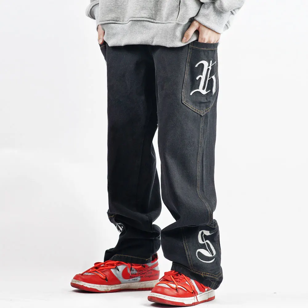 Sanskrit embroidered letters multi-pocket washed jeans men's street INS tide brand loose straight trousers wide-leg pants