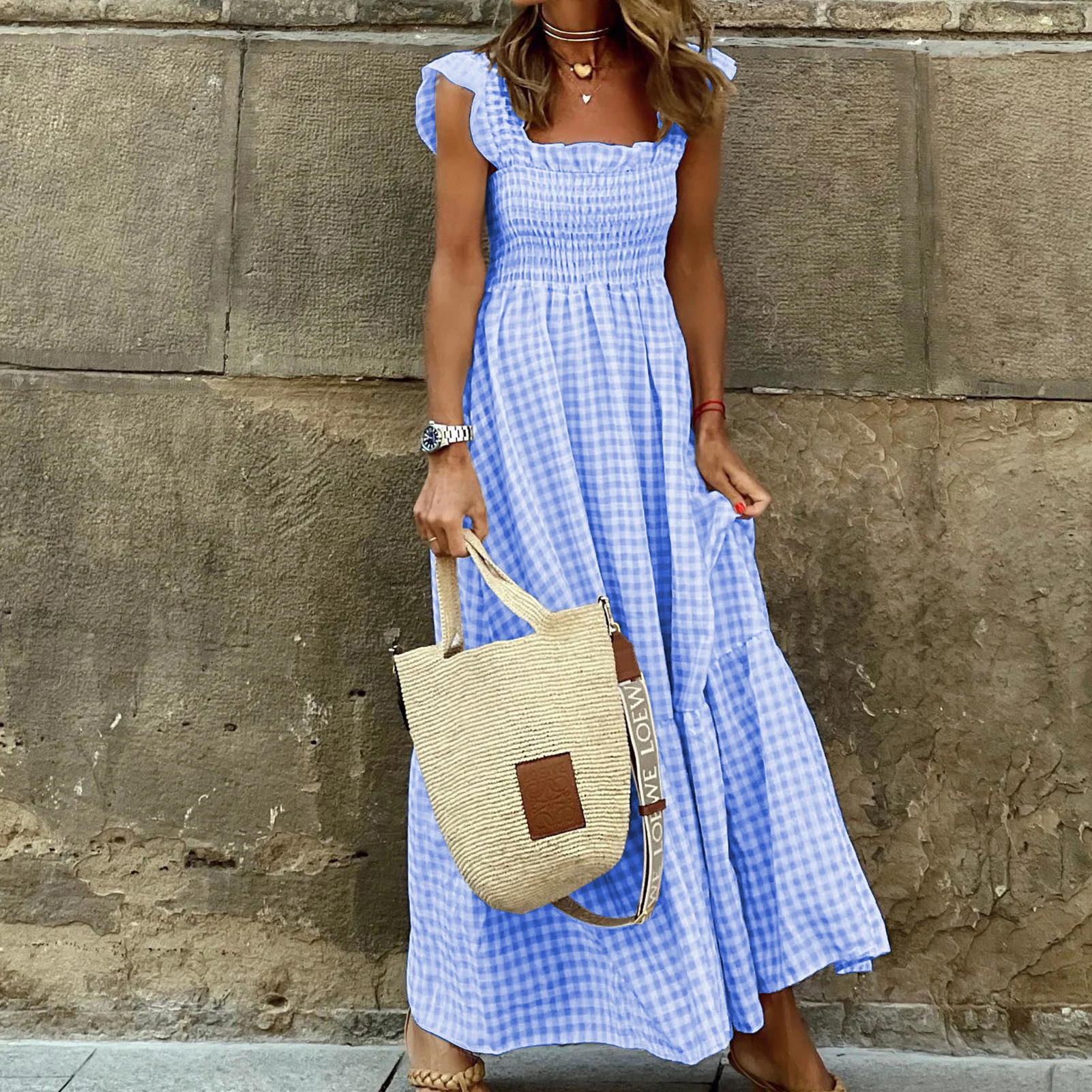 

Ladies Summer Tunic Dress Bohemian Style Flying Sleeve Casual Plaid Dresses Square Neck High Waist Beach Long Dress Vestidos