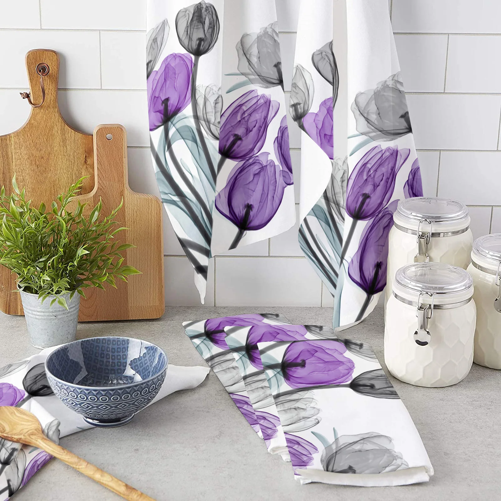 

Flower Idyllic Grey Purple Tulip Hand Towels Dishcloth Utensils for Kitchen Microfiber Cleaning Cloths Household Wipe Towel
