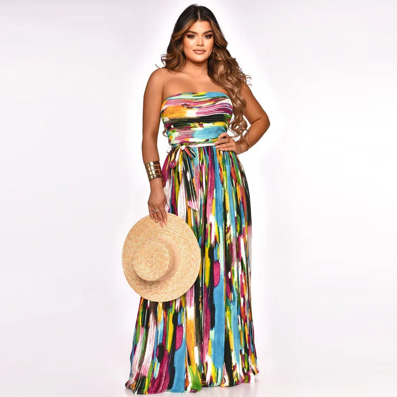 

WUHE Tie Dye Strapless Backless High Waist Straight Wide Leg Jumpsuit 2022 Women Oversized One Piece Overalls