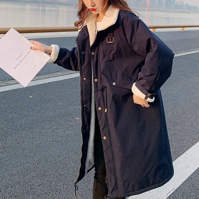 Winter Jacket Women 2023 Coat Women Artificial Lambswool Down Cotton Jackets Female Safari Style Long Parkas  Women Jacket Coat