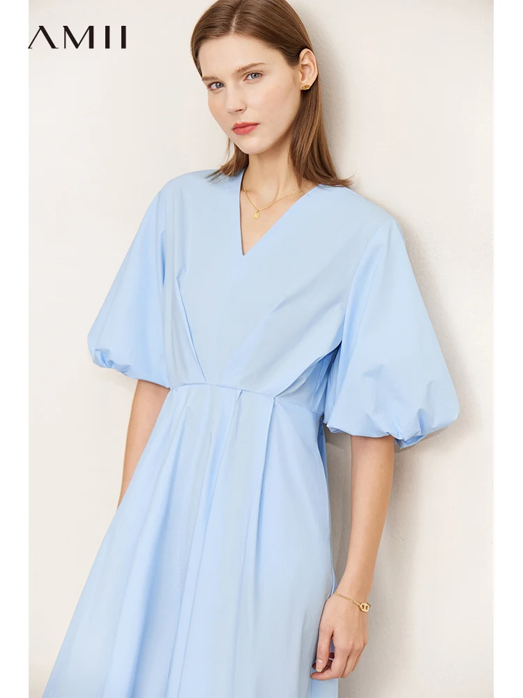 

Amii French Sexy Vneck Dress for Women Summer Waist Slim Puff Sleeve A-LINE Dress Single Breasted Midi Female Vestidos 12240052