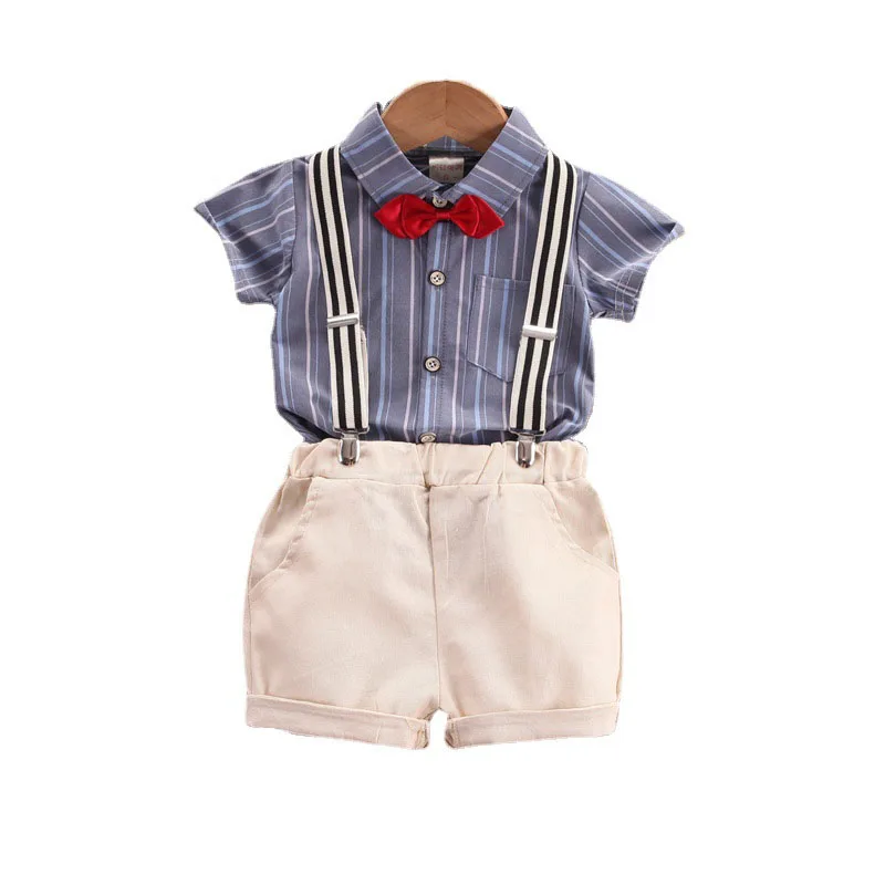 Boys Summer Sets Clothing 2023 New Vertical Strip Shirt Bow Suspenders Two-piece Set Boys Clothes Set 1 2 3 4 5 Years Old