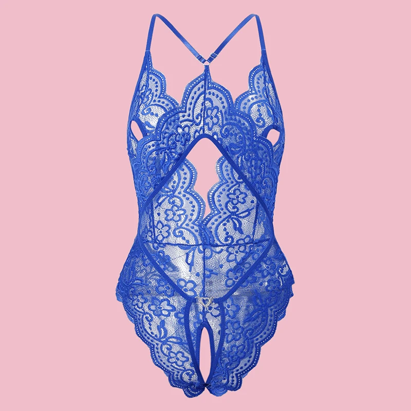 Полупрозрачный синий кружевной сексуальный боди на бретельках облегающий