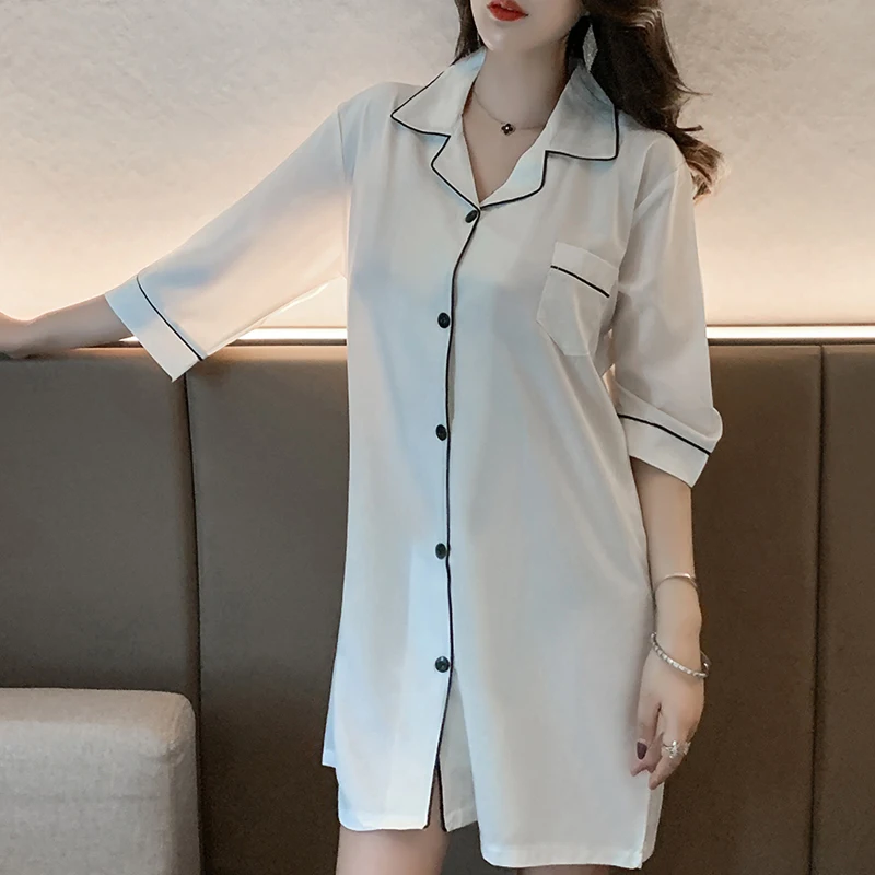 New Arrivals Summer Silk Womens Sleepwear Short Sleeve White Sleepshirt White Shirt Ladies Nightgown Girl Outwear Nightdress