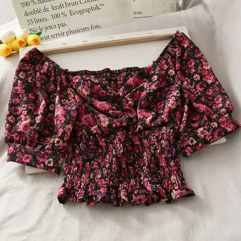 Women Casual Sexy Crop Tops Floral Printed Pattern Short Sleeves Pullover Dark Green/ Purple/ Apricot/ Black/ Orange