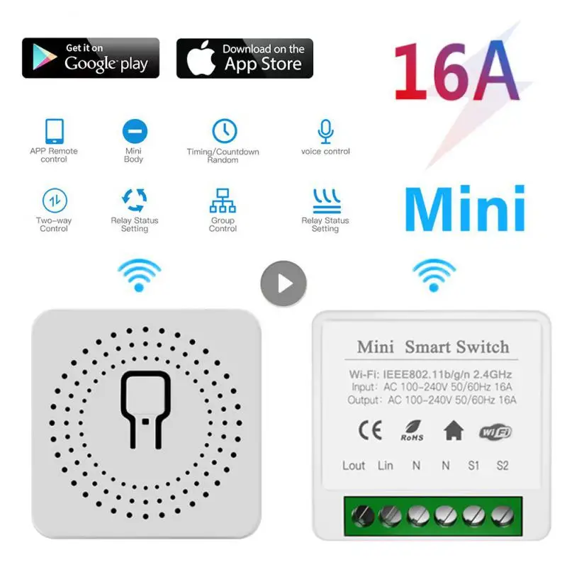 

Умный мини-выключатель Tuya, 16 А, Wi-Fi, переключатели света «сделай сам», двухстороннее управление, беспроводной умный дом с Smart Life, Alexa, Alice, Google ...