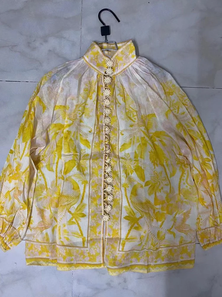 

Женская однобортная рубашка с воротником-стойкой, дизайнерская свободная универсальная рубашка с длинным рукавом и принтом в стиле ретро, ...