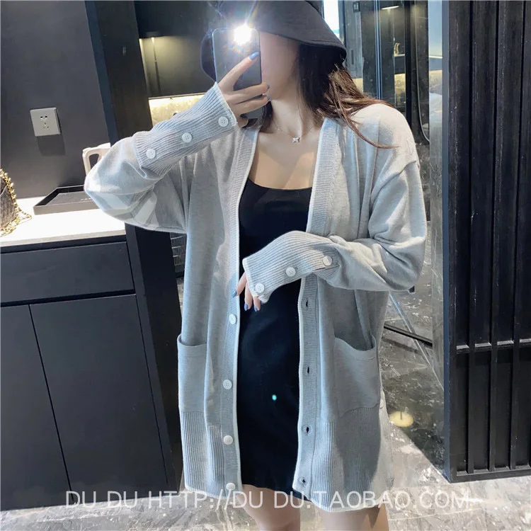 Женский трикотажный кардиган средней длины повседневный Свободный в полоску с